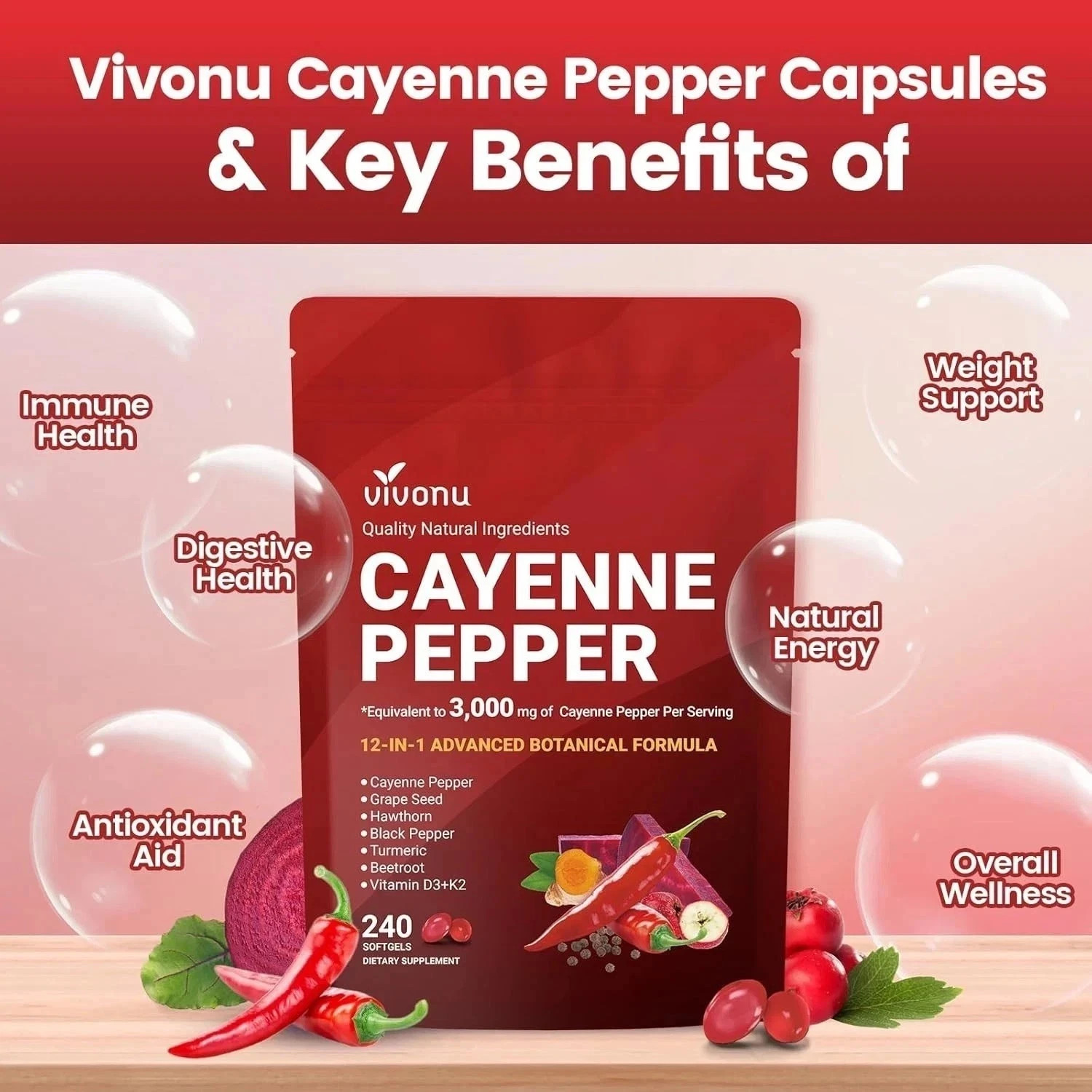 VivoNu Cayenne Pepper Softgels Supplement – 240 Capsules NEW FREE SHIP