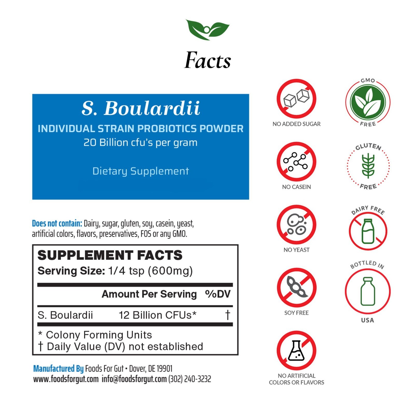 Saccharomyces Boulardii Probiotic Powder 20B CFU | Bottled in USA|No Additives