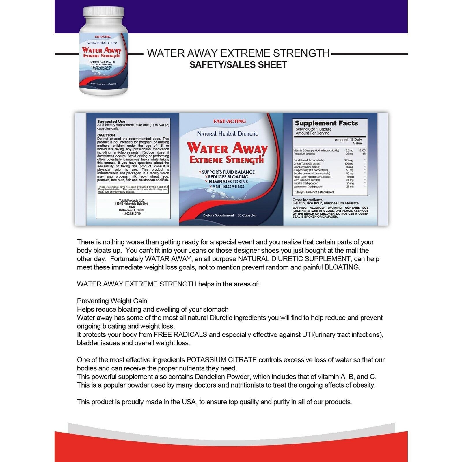 Diuretic Water Away Pills 700mg Weight Loss Blend of Minerals Supplement