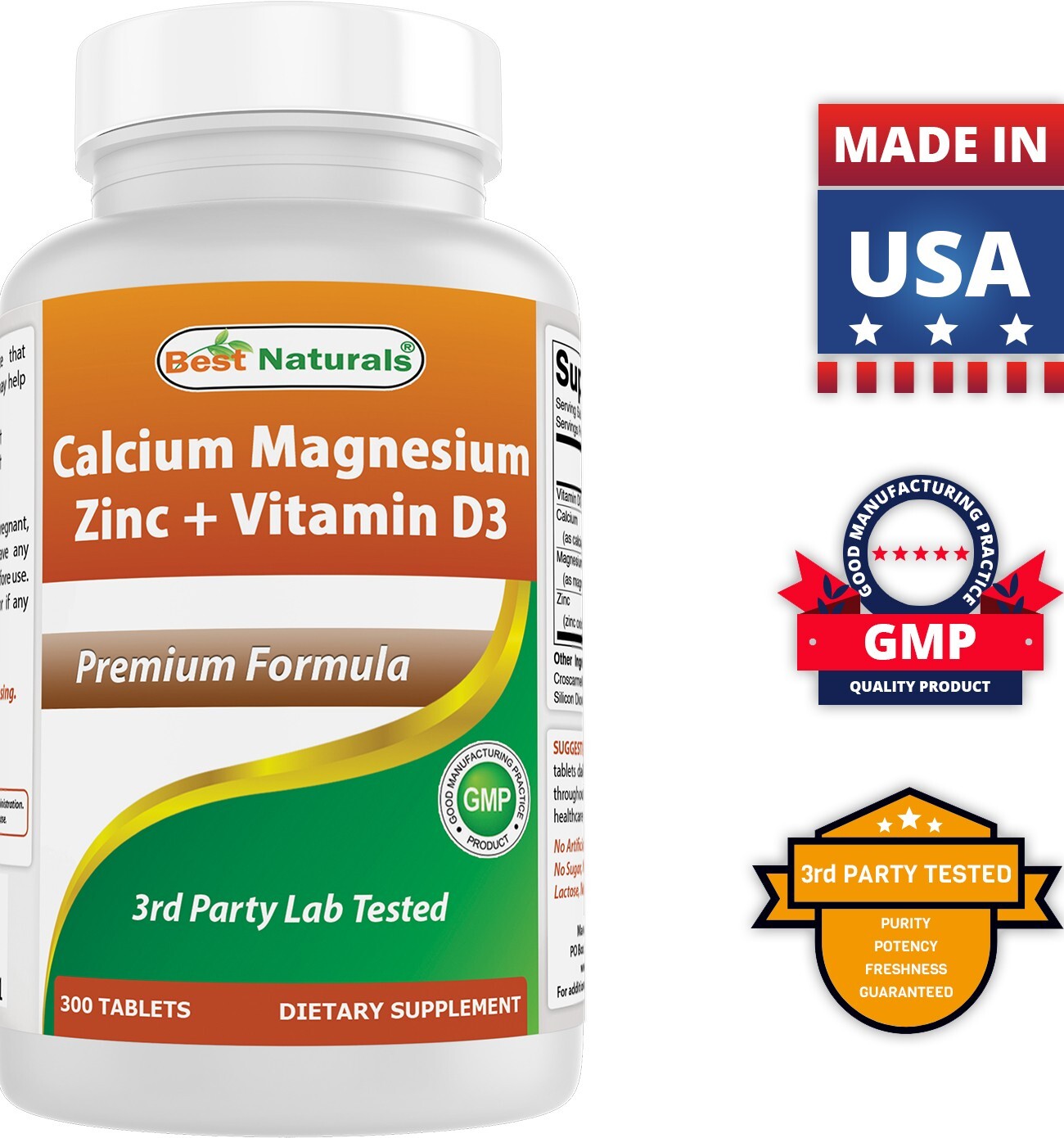 3 Pack Best Naturals Calcium Magnesium Zinc with Vitamin D3, 300 Tablets