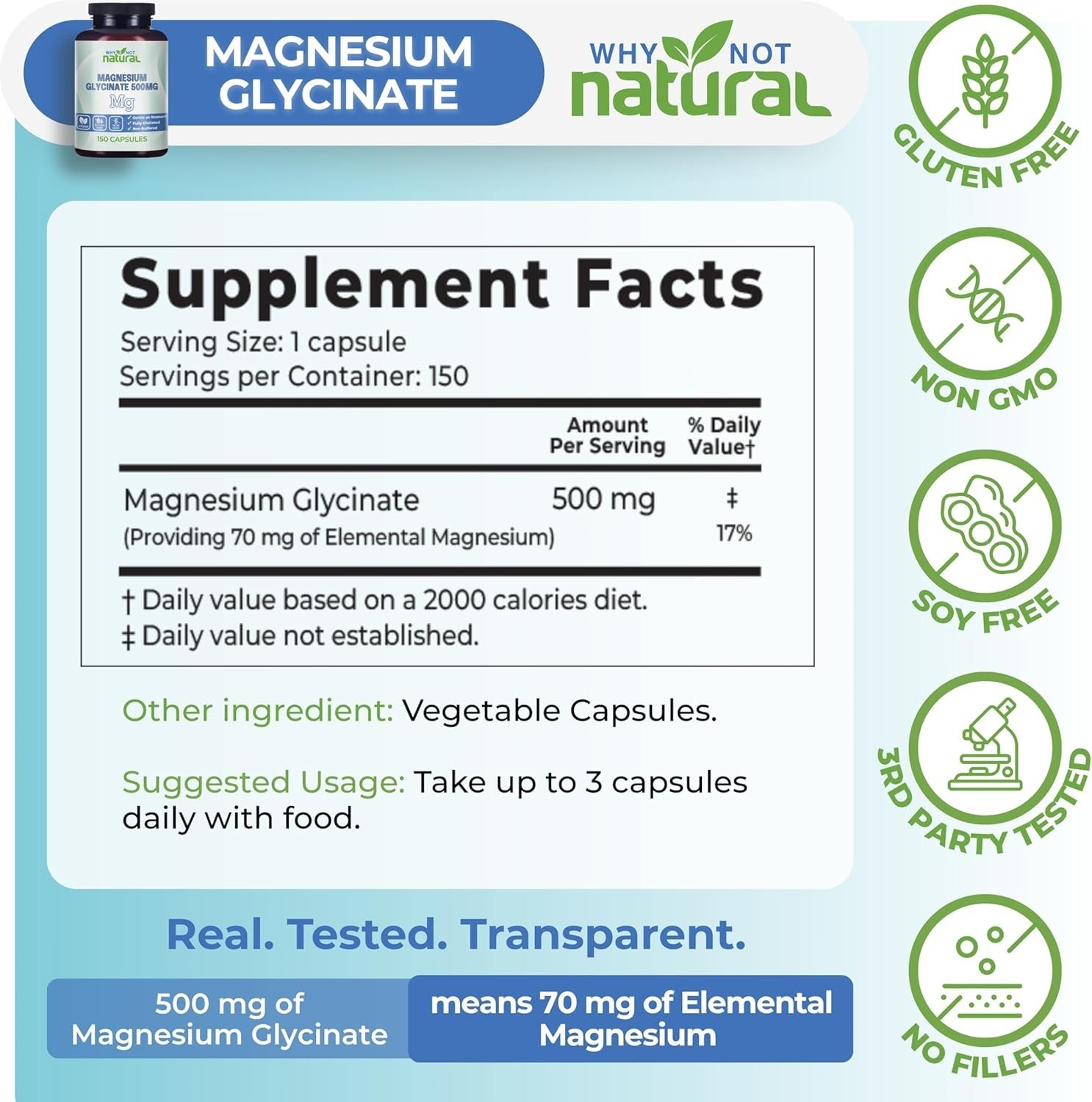 Magnesium Glycinate 500mg 150Caps Vegan/Chelated/NpnGMO/Gluten Free/All Natural