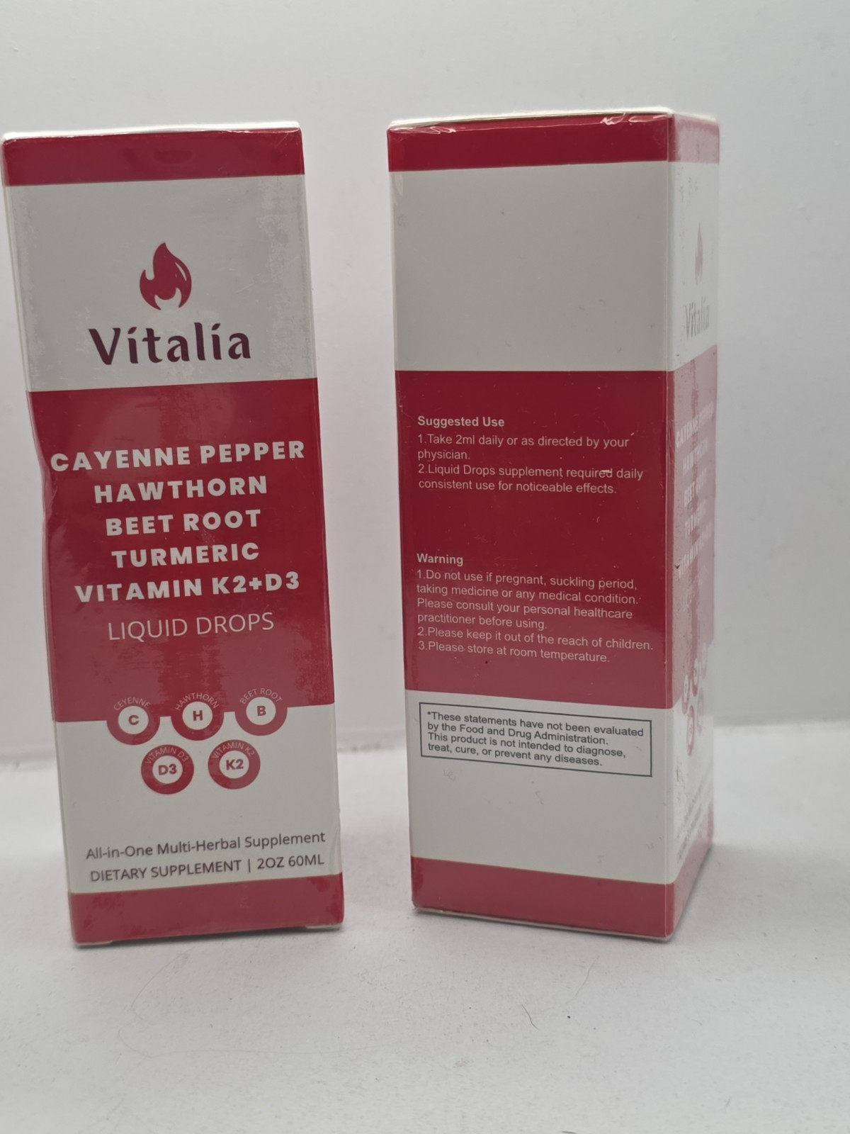 2 X Cayenne Pepper Hawthorn Beet Root Turmeric Vitamin K2+D3 Liquid Drops 60ML