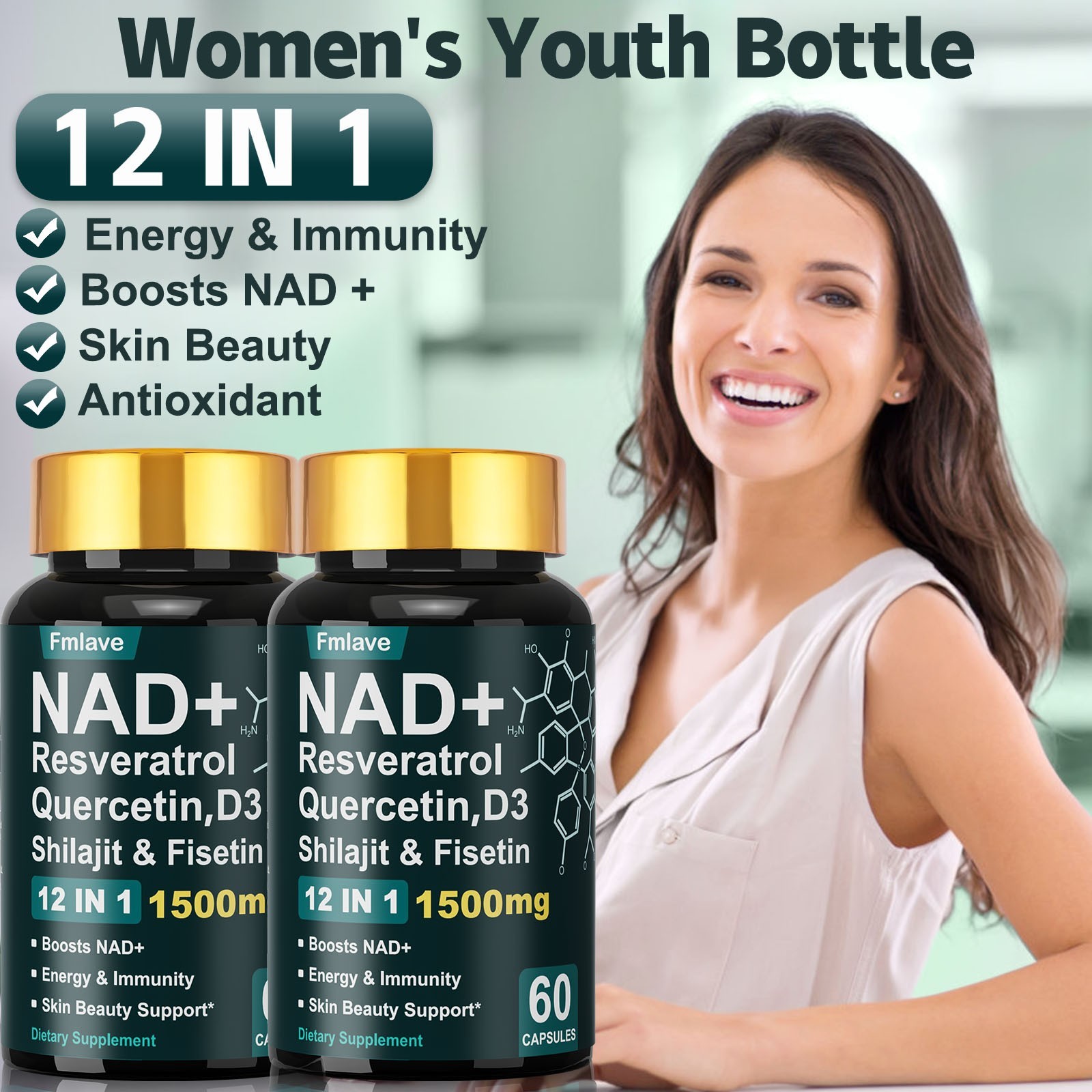 2x NAD+ ADVANCED Supplement for Anti-Aging Energy Focus Nicotinamide Resveratrol