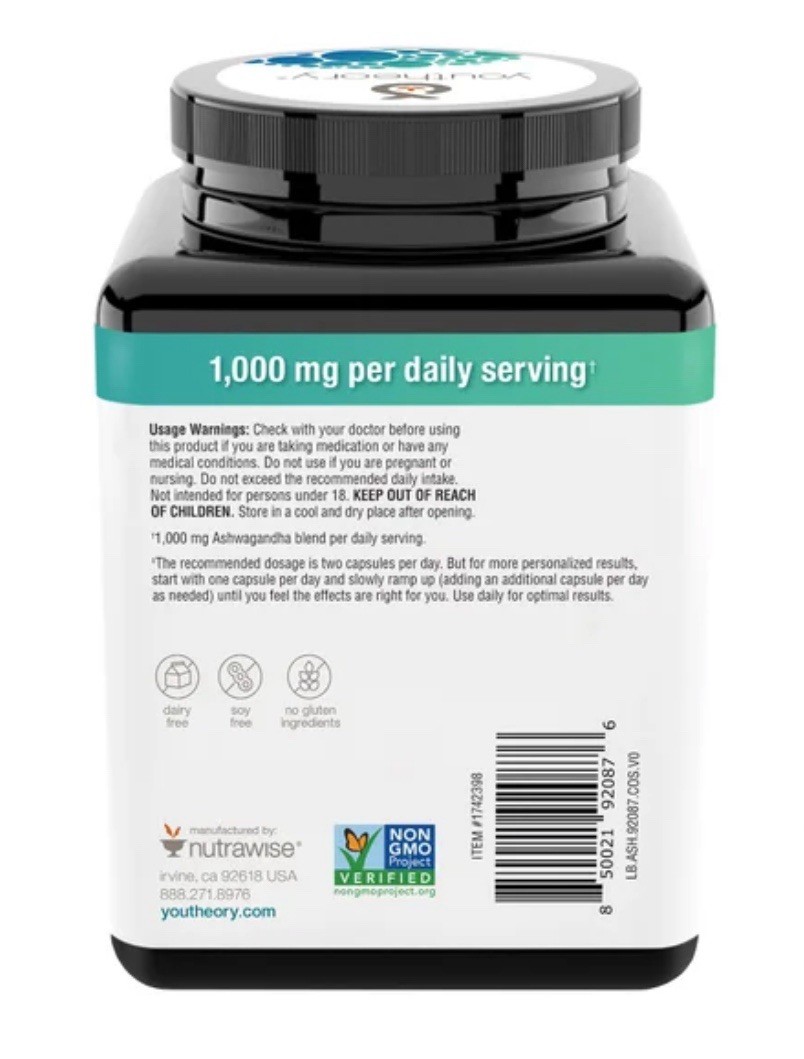youtheory Ashwagandha 1000 mg, 180 Vegetarian Capsules