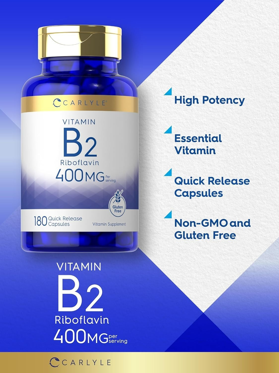 Carlyle Vitamin B-2 400mg 180 Count Non-GMO Gluten Free Supplement B2 Riboflavin