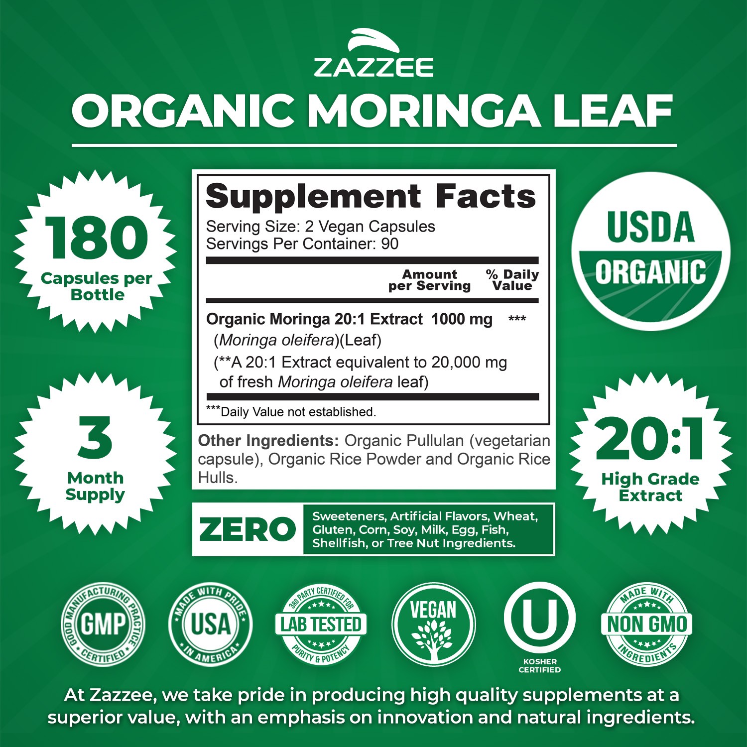 Zazzee Organic Moringa Extract 180 Capsules 7500 mg Strength 10:1 Antioxidant