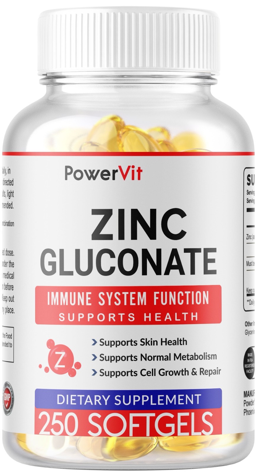 Zinc Gluconate 250 Vegetarian Softgels (50mg), Gluten Free and Non-GMO