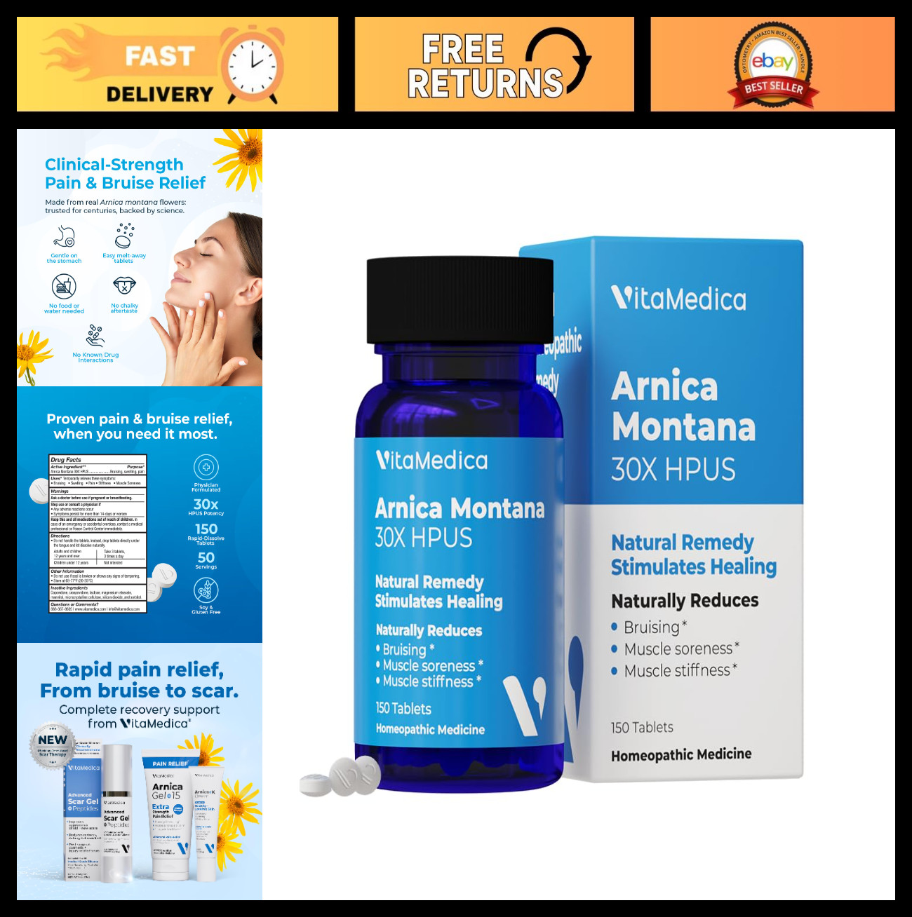 Natural Pain Relief Tablets – Arnica Montana 30X for Bruising & Swelling – 150 C