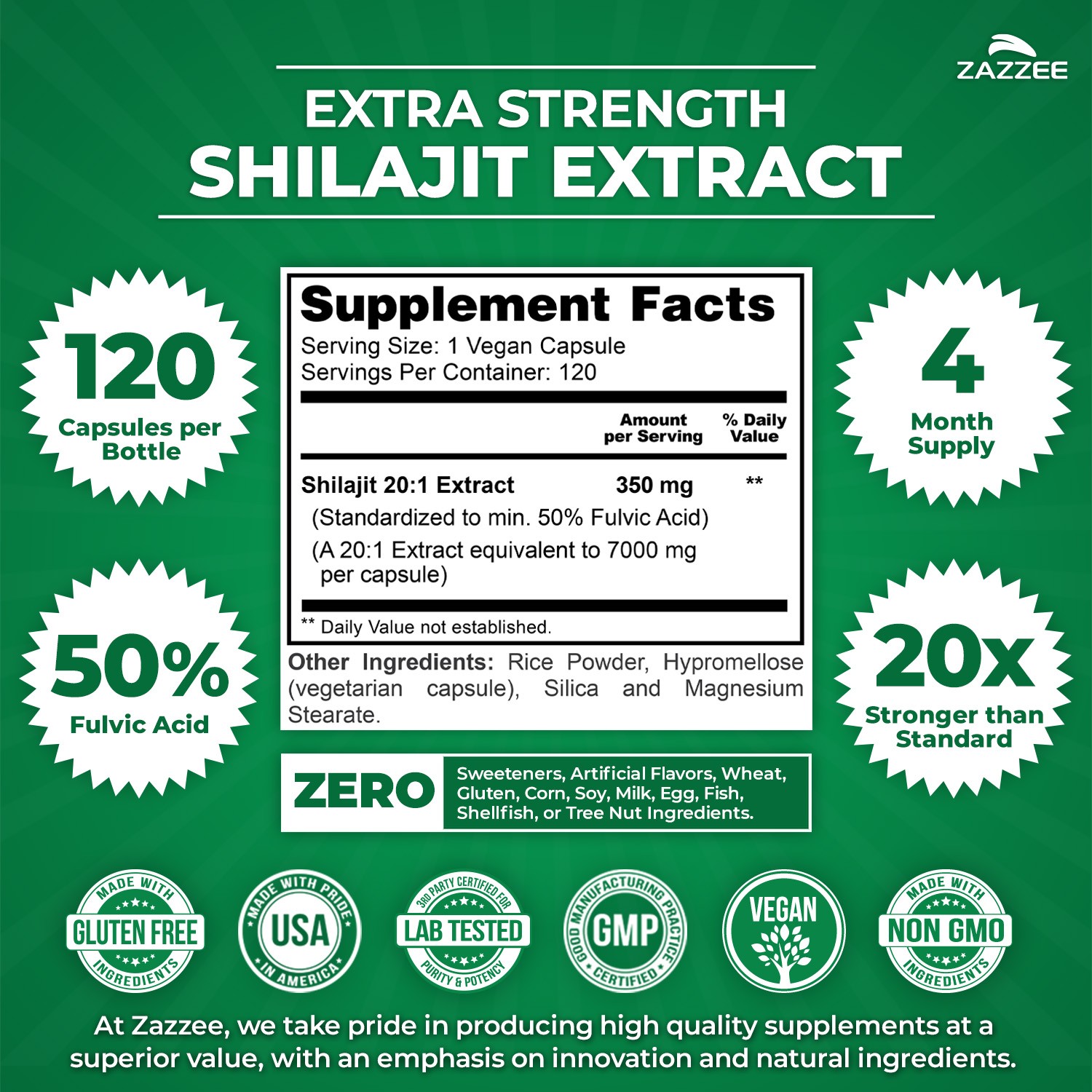 Zazzee Extra Strength Shilajit 20:1 Extract, 7000 mg Strength, 50% Fulvic Acid