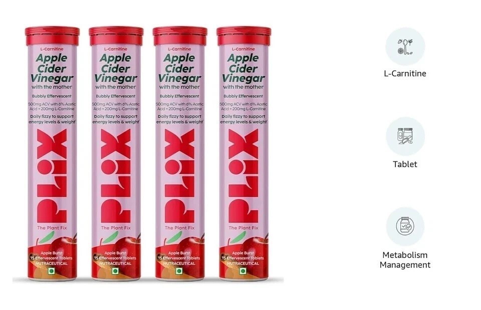 PLIX – L-Carnitine ACV boost metabolism (15 Tablets)- Pack Of 4 ( Apple )