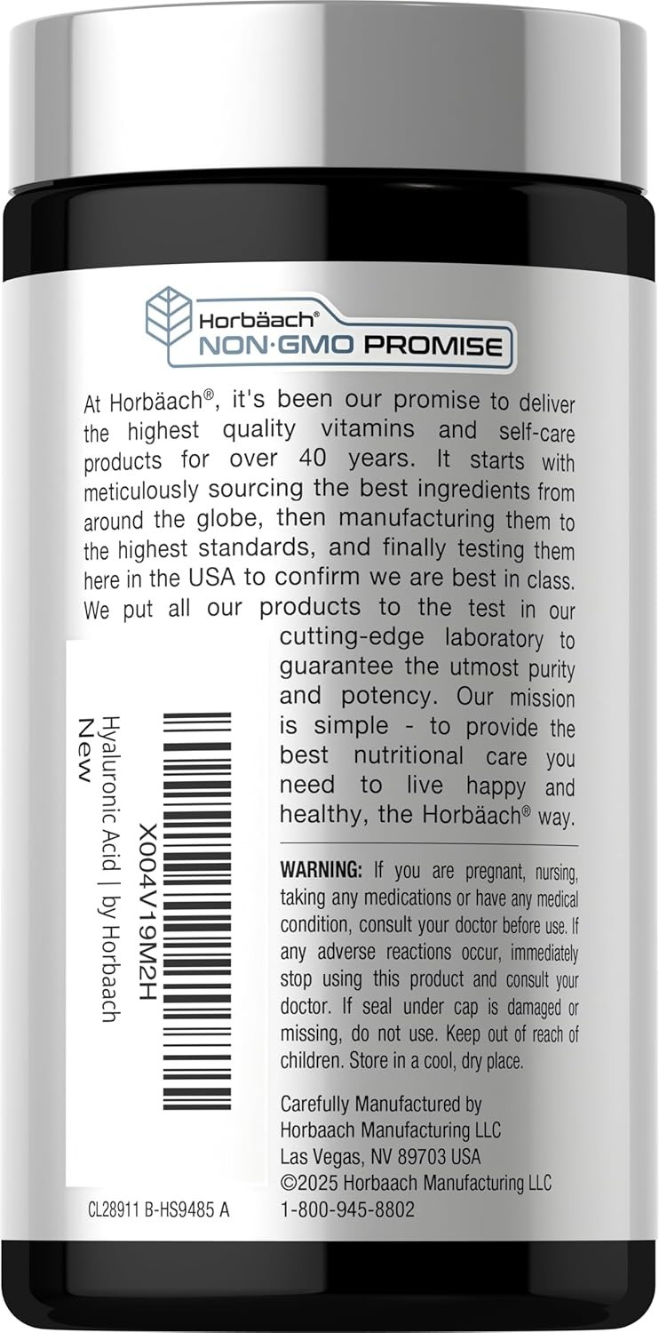 Horbäach Hyaluronic Acid Supplement | 100mg 120 Capsules | Non-GMO, Gluten Free