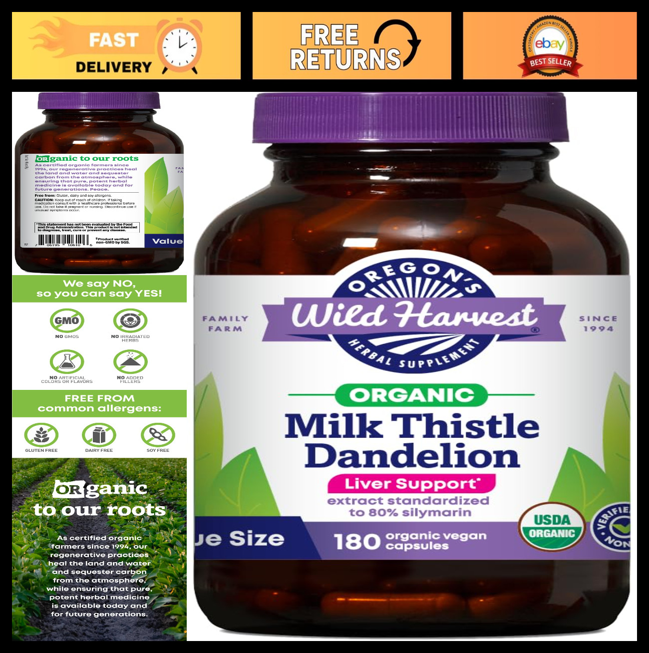Organic Milk Thistle & Dandelion Capsules – 180 Count, Herbal Detox Support