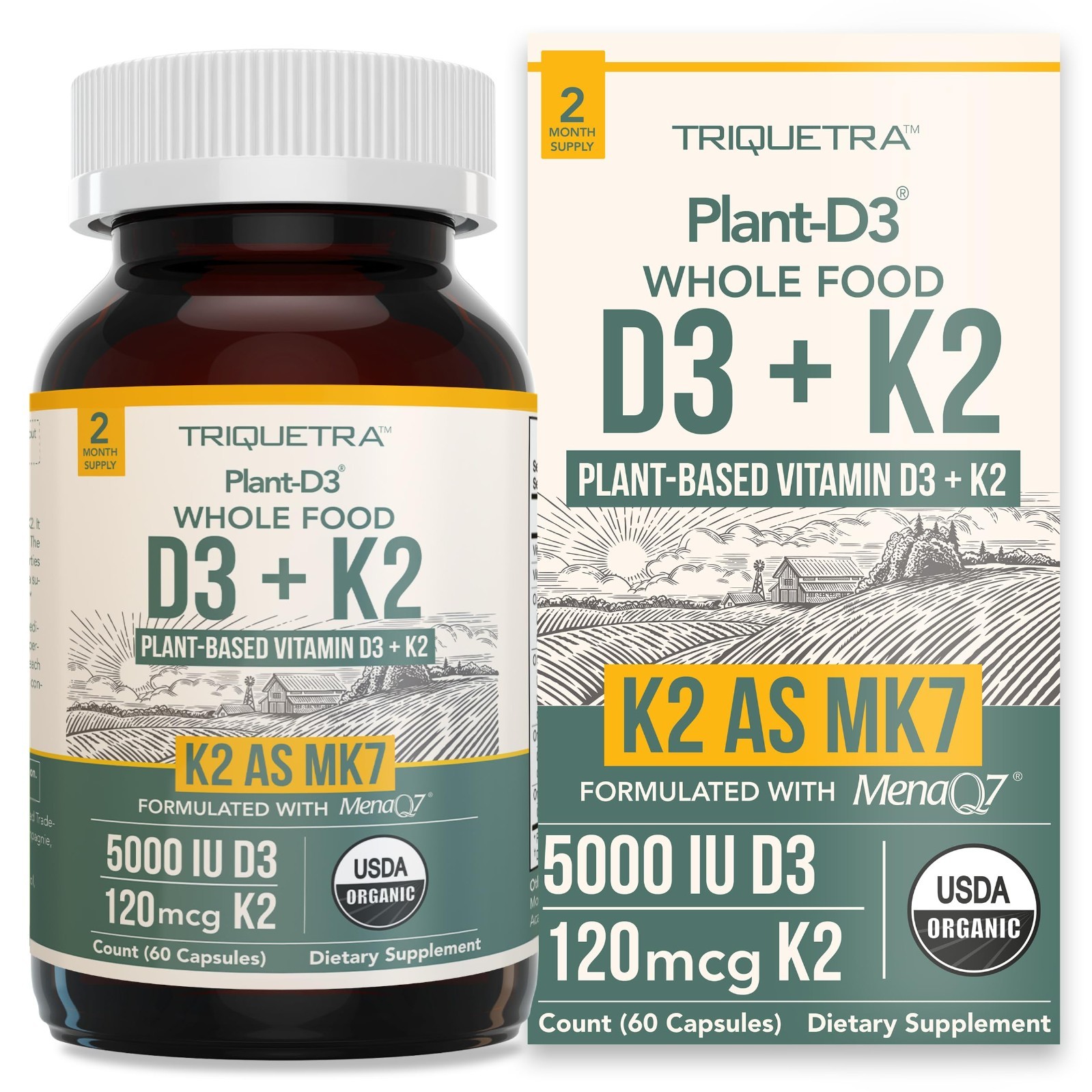 Organic D3 K2 Vitamins 5000 IU + 120 mcg MK7 | Vegan Whole Food Supplement – 60