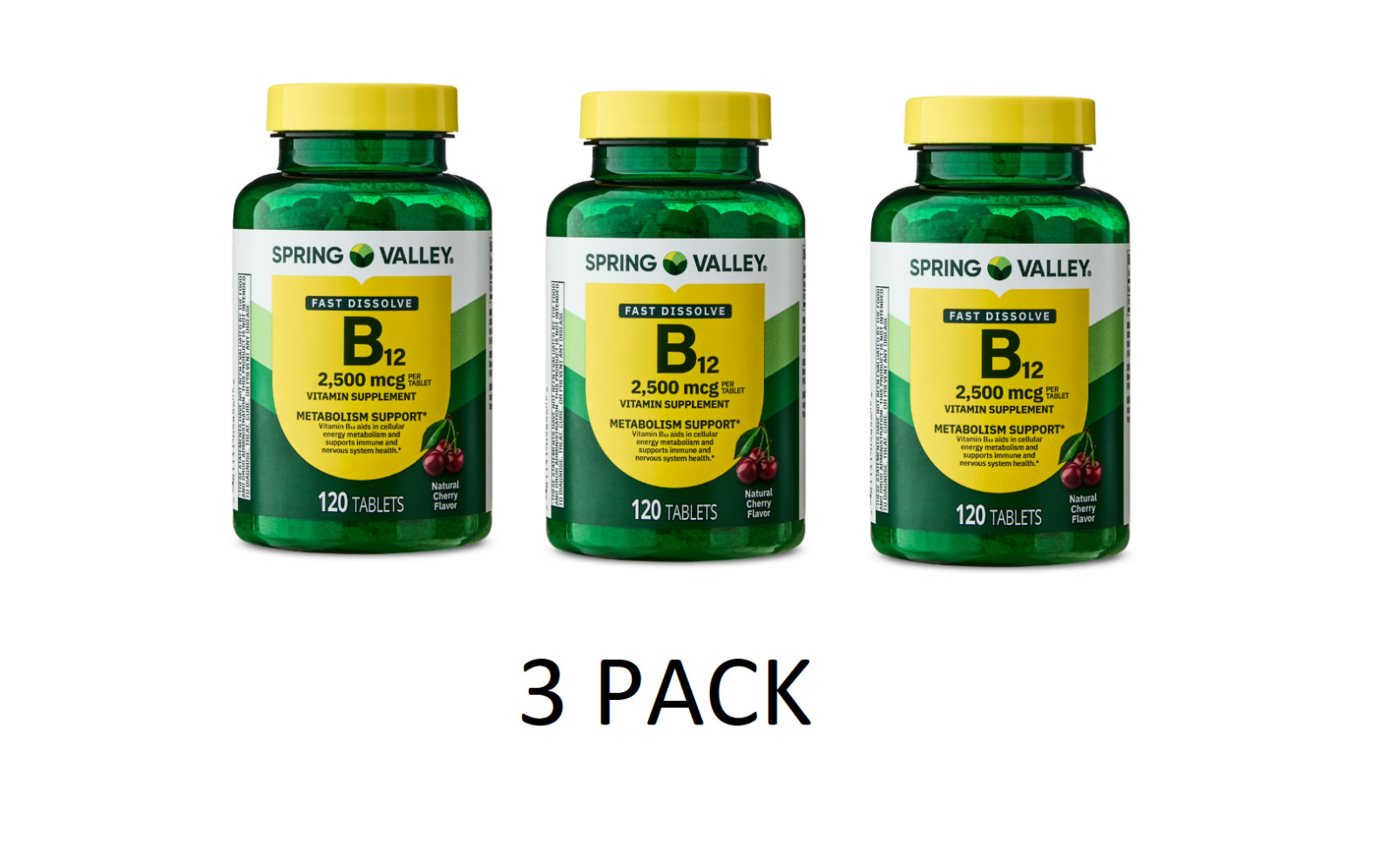 3 PACK Spring Valley Vitamin B12 Quick Dissolve Tablets Supplement Cherry