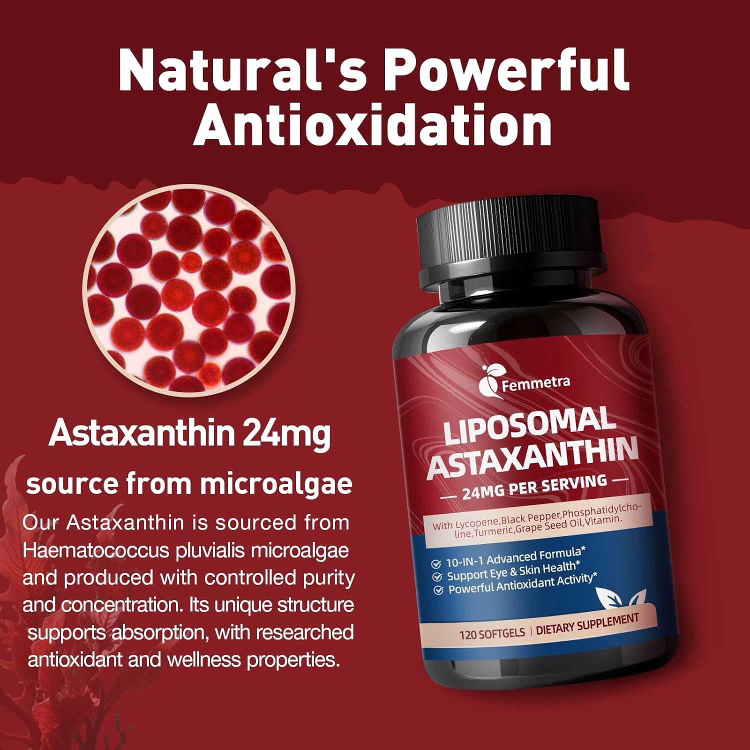 Liposomal Astaxanthin 24mg Supplements with Lycopene Antioxidant 10mg Skin Eye
