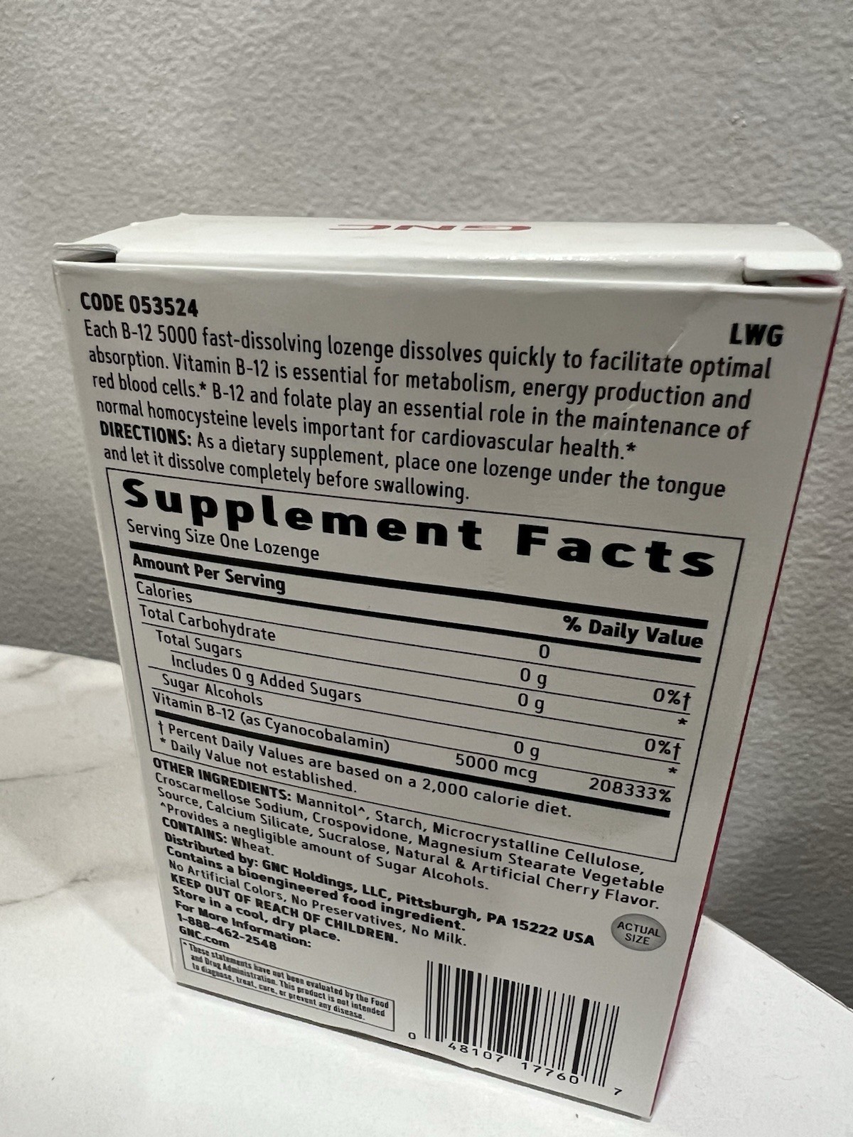 GNC Vitamin B-12 5000mcg Cherry Lozenge, Sugar-Free, 60 Vegetarian Lozenges