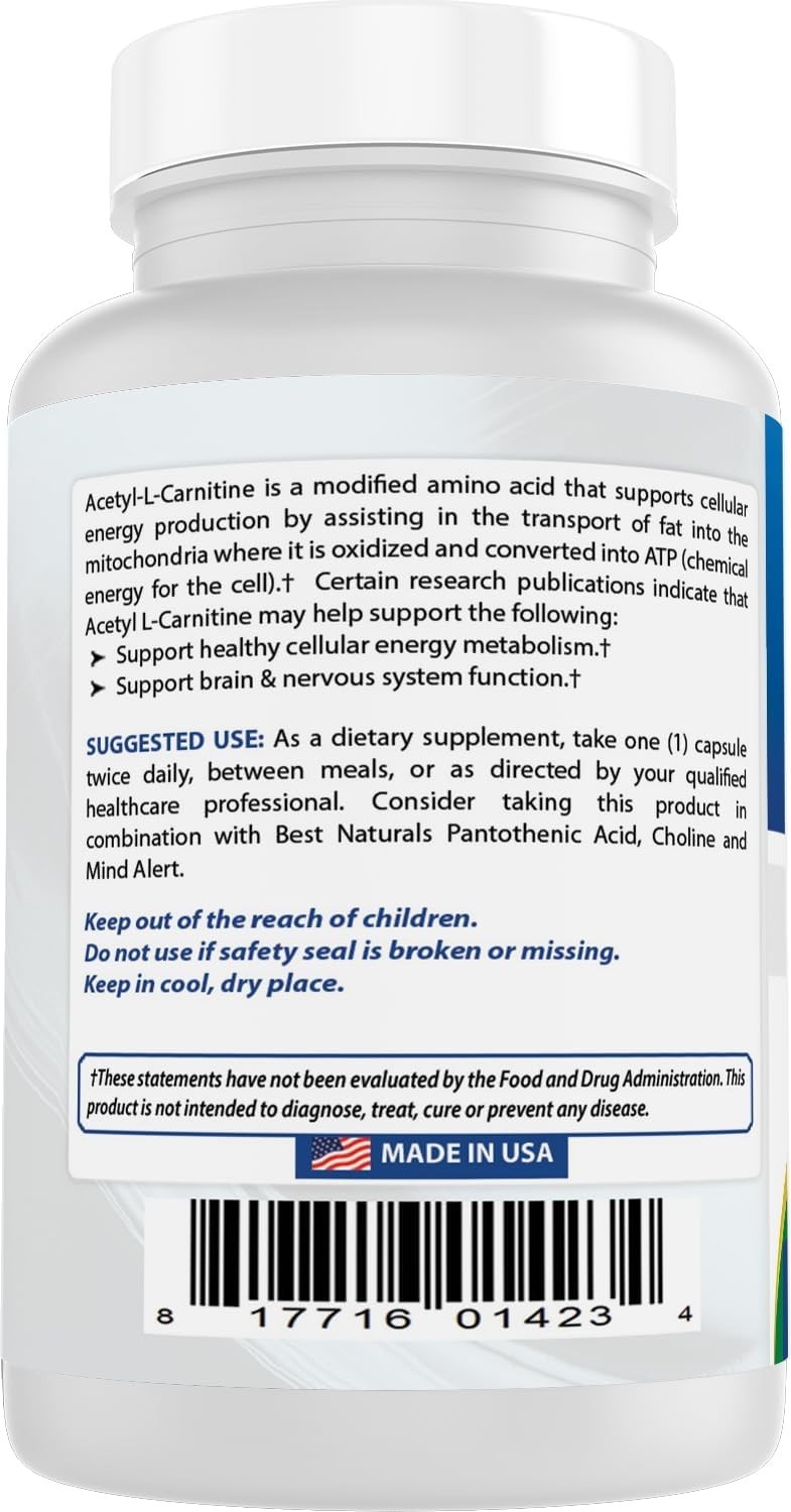 Gluten-Free Acetyl L-Carnitine 1000mg Capsules – 60 Count for Enhanced Vitality