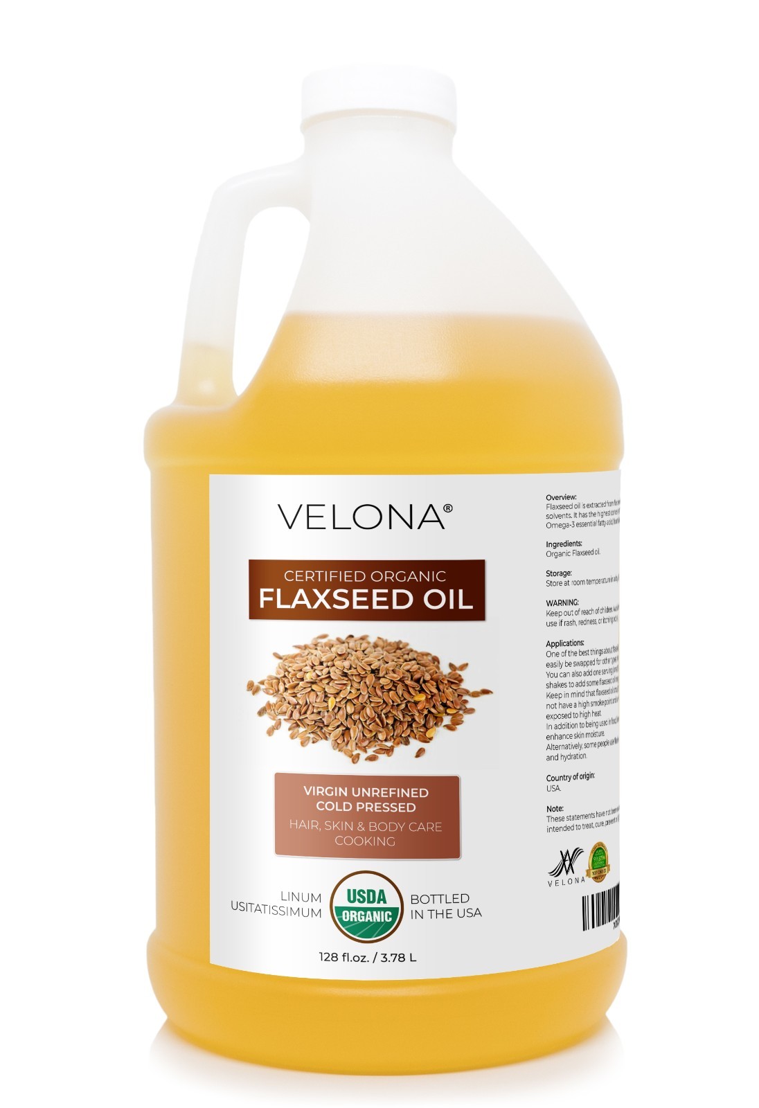 Velona USDA Certified Organic Flaxseed Oil 2 oz – 7 lb | 100% Pure and Natural C