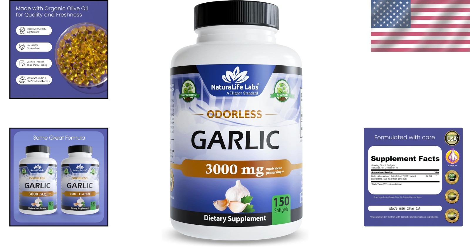 Pure Odorless Garlic with Organic Olive Oil – 150 Softgels, Gluten-Free Formula
