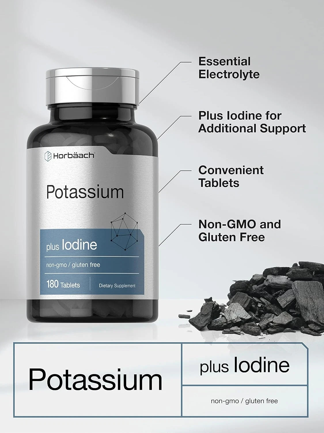 Horbäach Potassium Chloride Supplement | plus Iodine | 180 Vegetarian Tablets.