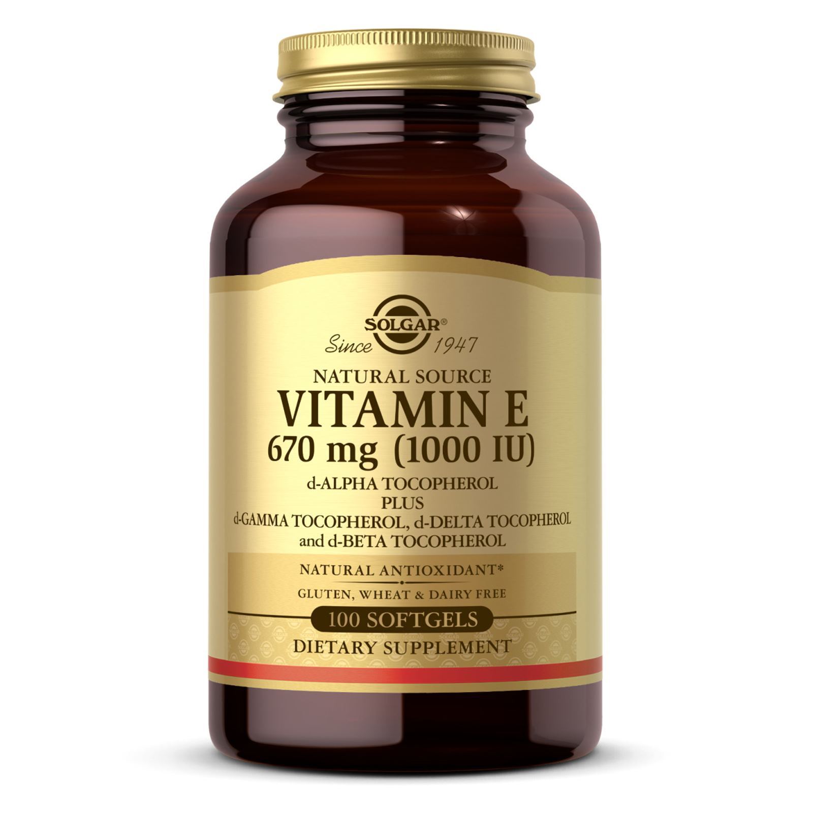 Solgar Vitamin E 670 mg 1000 IU Mixed d-Alpha Tocopherol Tocopherols 100 Sgels