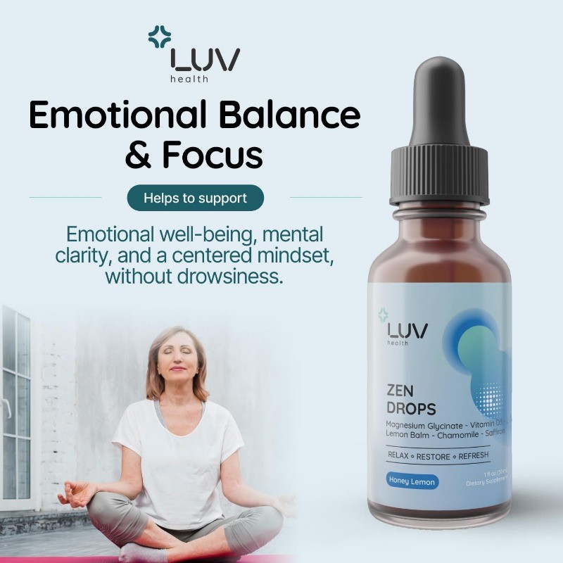 LUV Zen Drops Stress Support containing Magnesium Glycinate and Lemon Balm Vegan