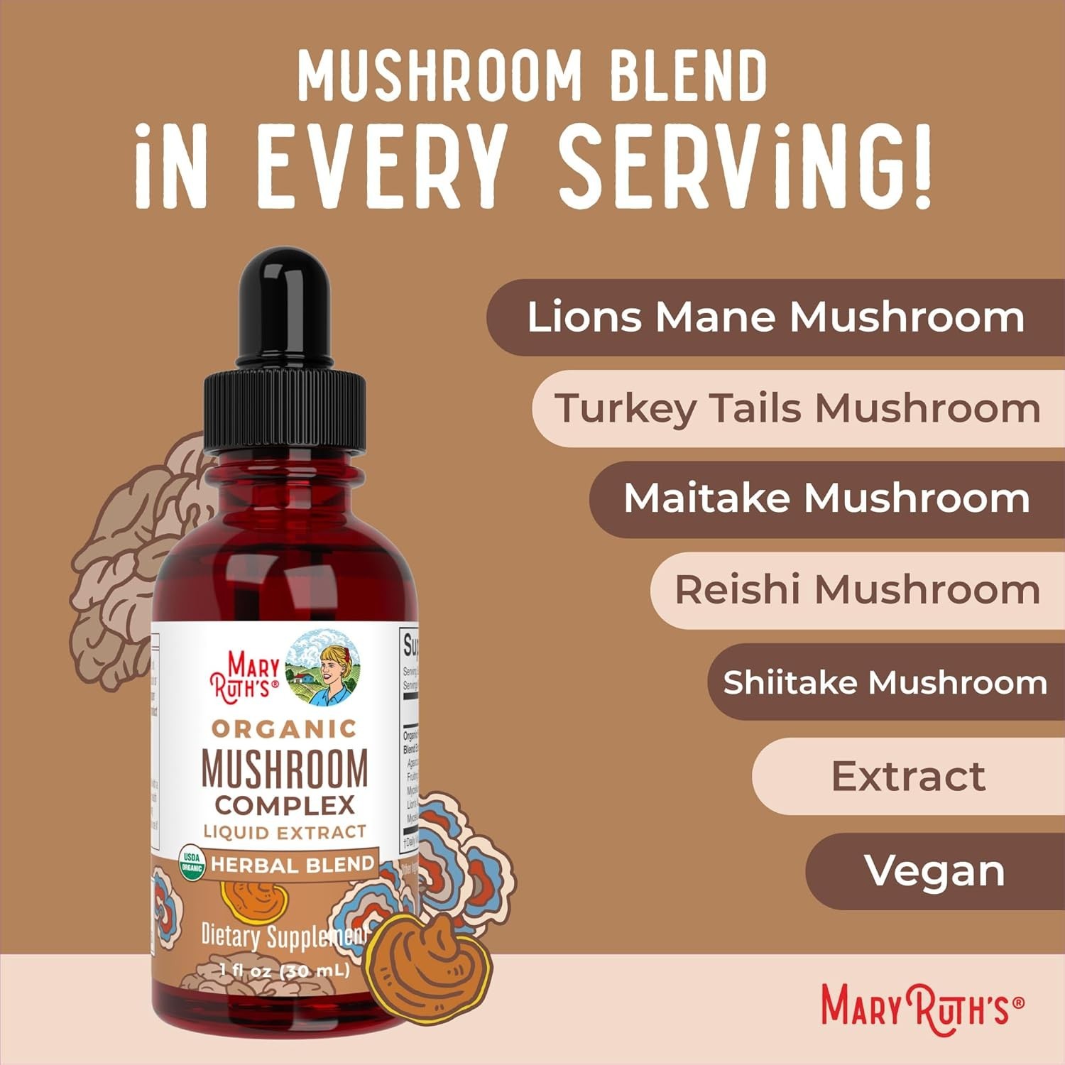 Organic Mushroom Complex Drops – Lion’s Mane, Turkey Tail, and Reishi Blend