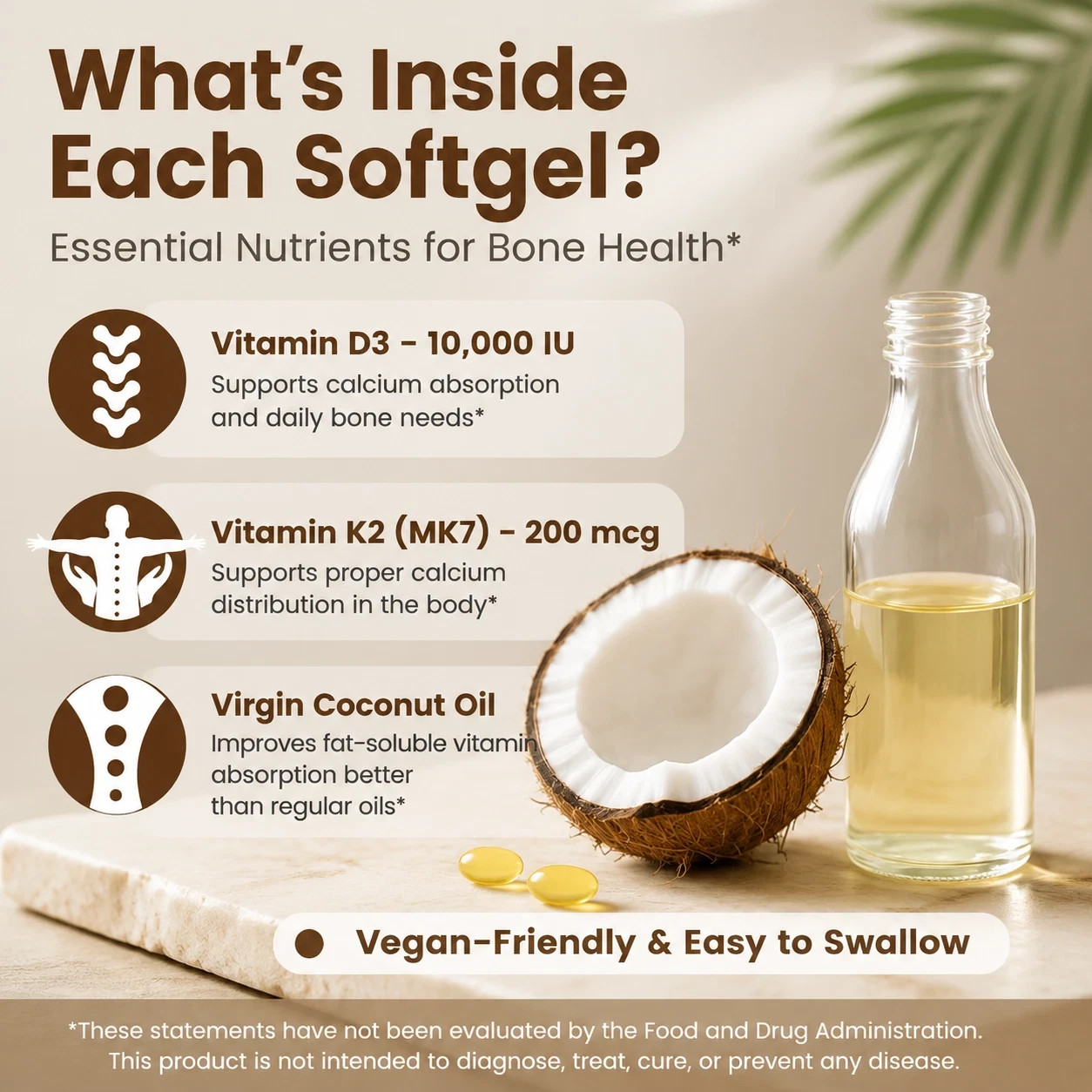 VEV Vitamin D3 10000IU K2 MK7 200mcg Coconut Oil Bone Immune Support 300 Count