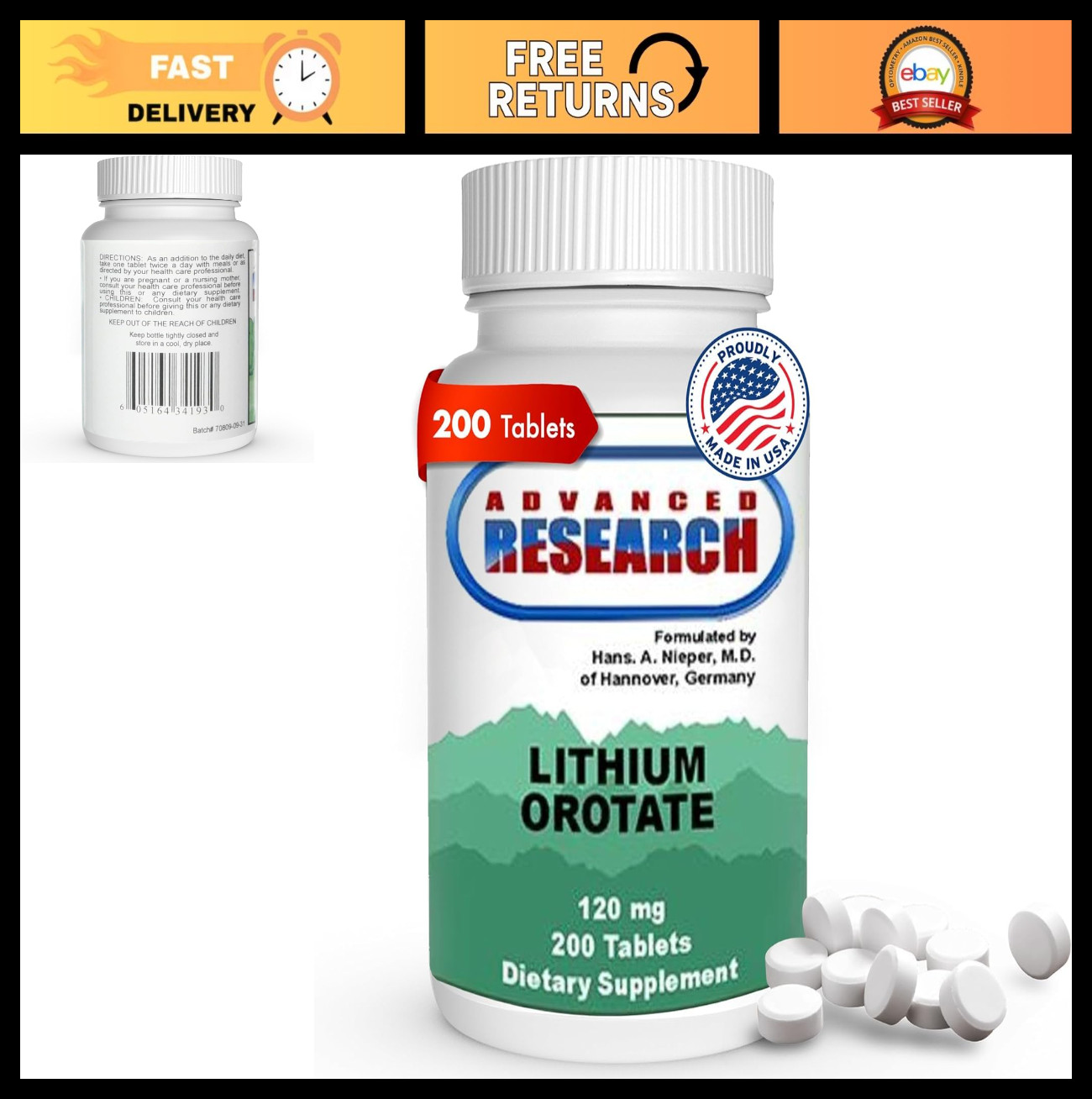 120 Mg Lithium Orotate – 200 Tablets for Enhanced Nutrient Absorption & Mood Sup