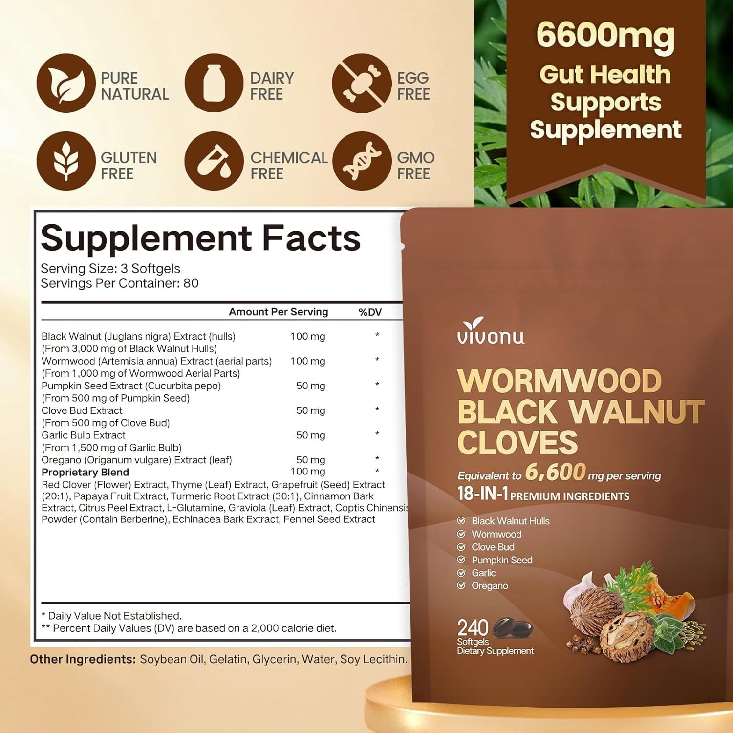 NEW Vivonu Wormwood Black Walnut Cloves 240 Softgels 18-in-1 Detox 6600mg Eq