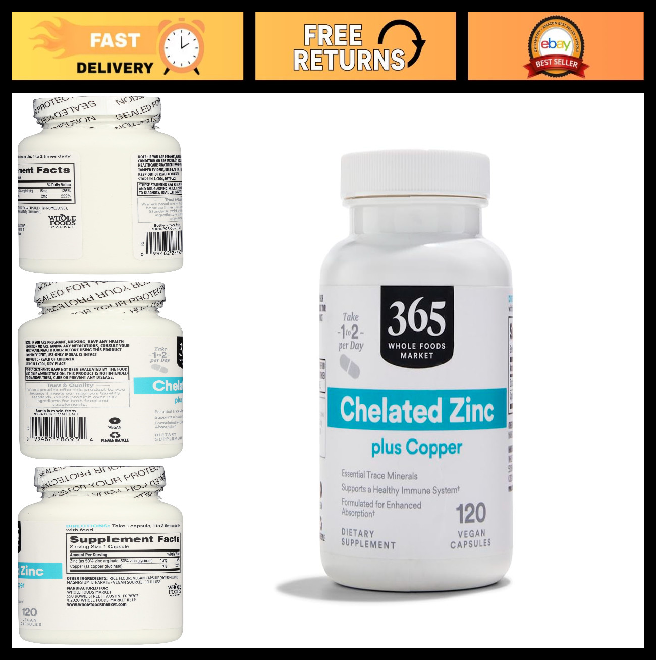 Chelated Zinc with Copper Supplement, Immune Support, 120 Capsules