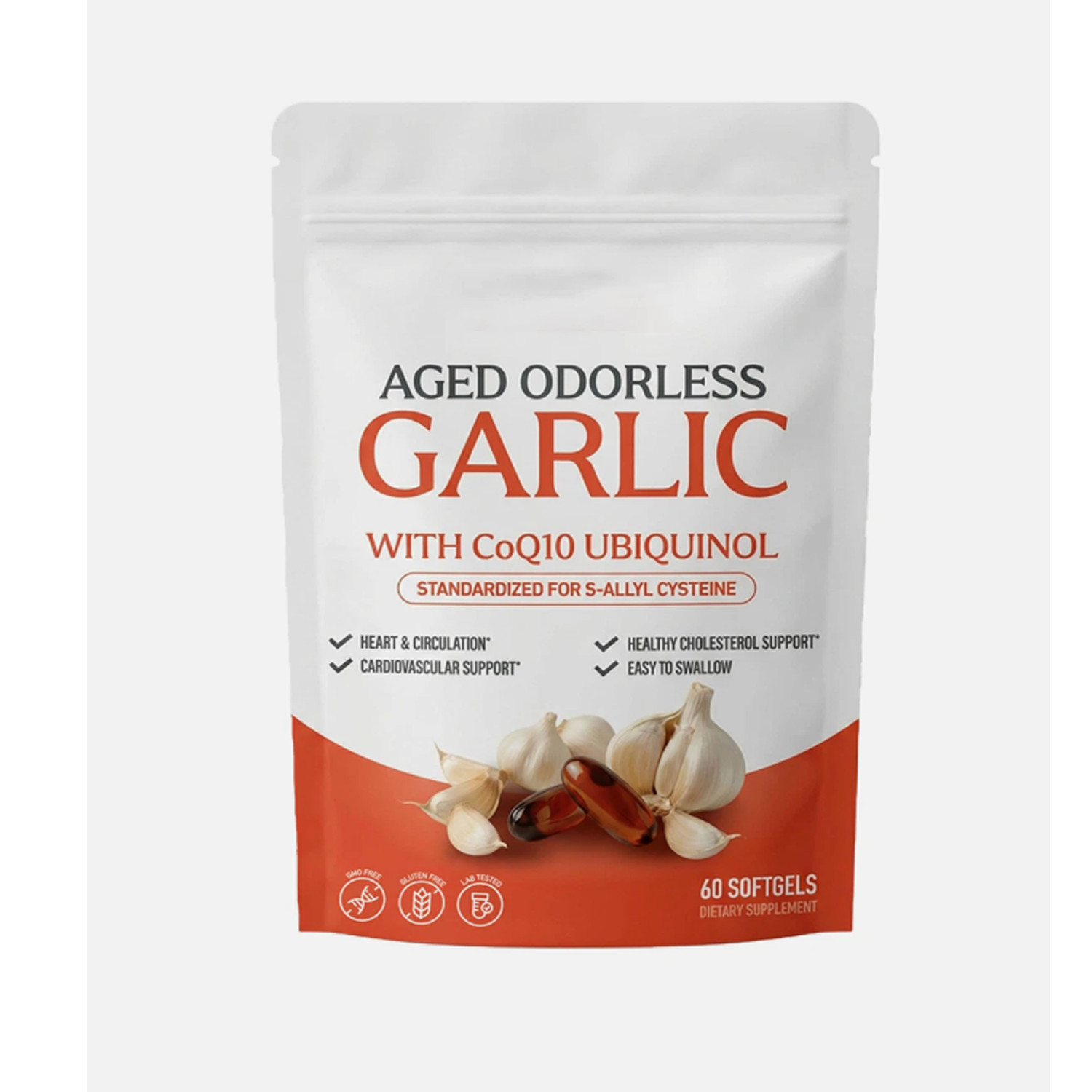 Odorless Aged-Resilia Garlic Extract 600mg Softgels (60 Count) with CoQ10
