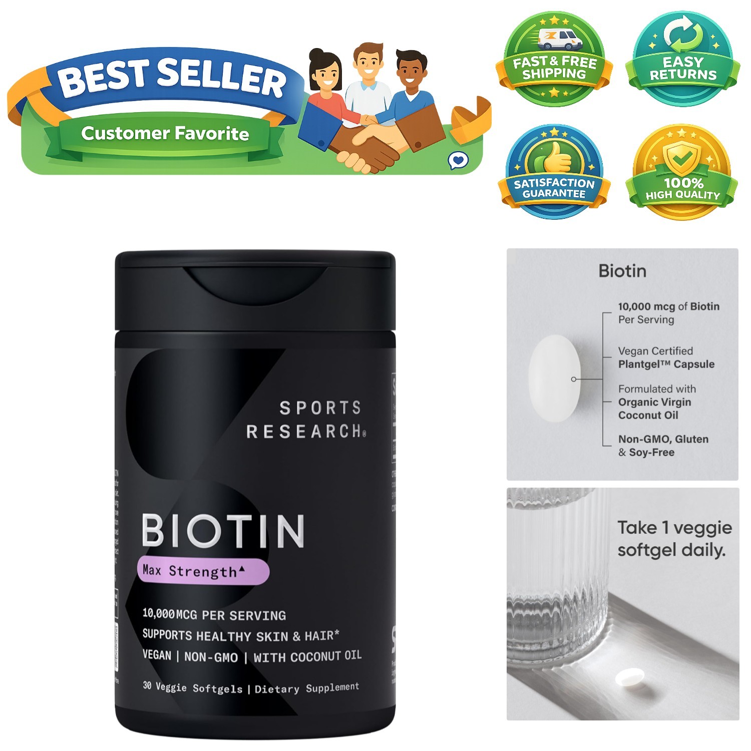 Biotin 10,000mcg with Organic Coconut Oil – Biotin Vitamin B7 for Healthy Ski…