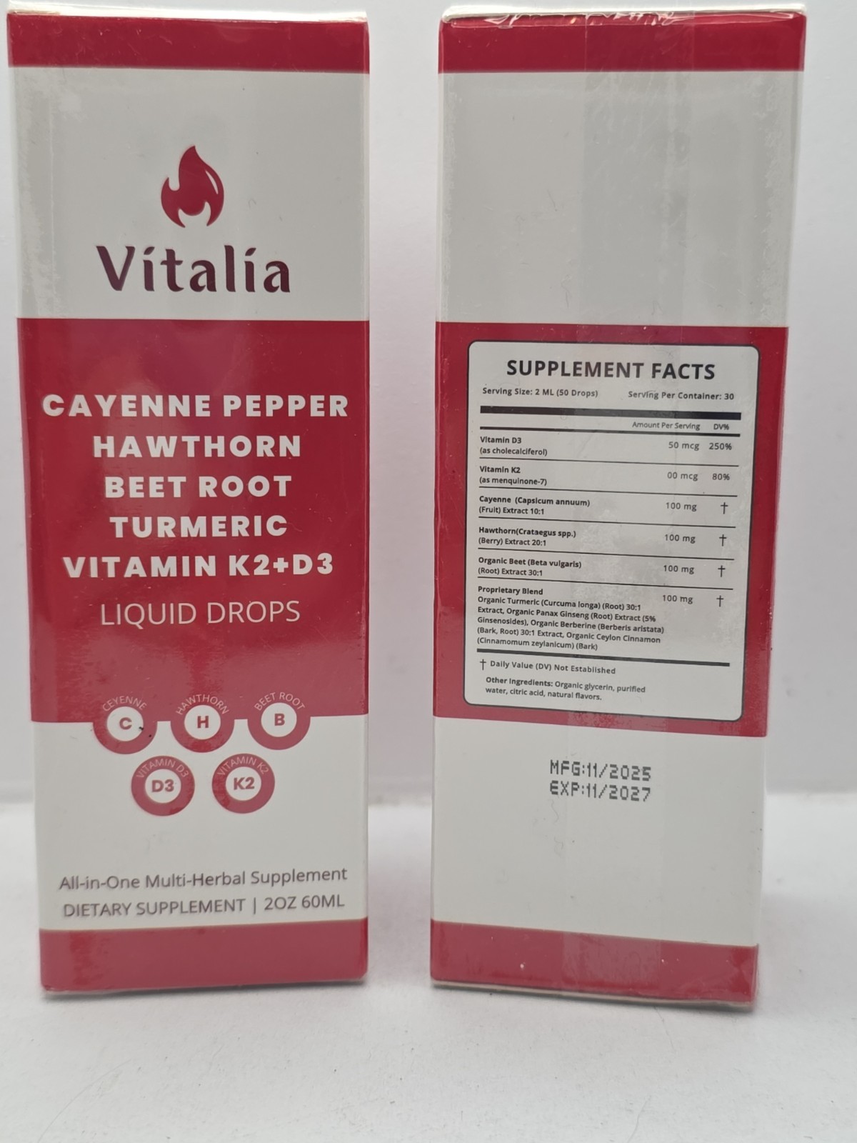 2 X Cayenne Pepper Hawthorn Beet Root Turmeric Vitamin K2+D3 Liquid Drops 60ML