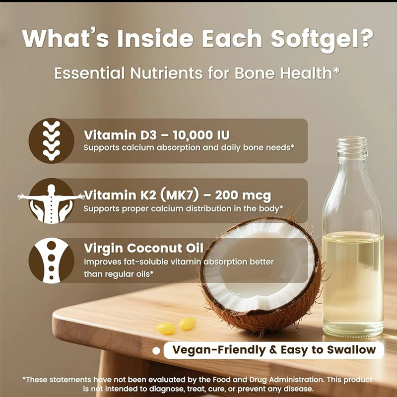 VEV Vitamin D3 K2 10000 lU,300Virgin Coconut OilSoftgels,2in 1 Vitamins Suppleme