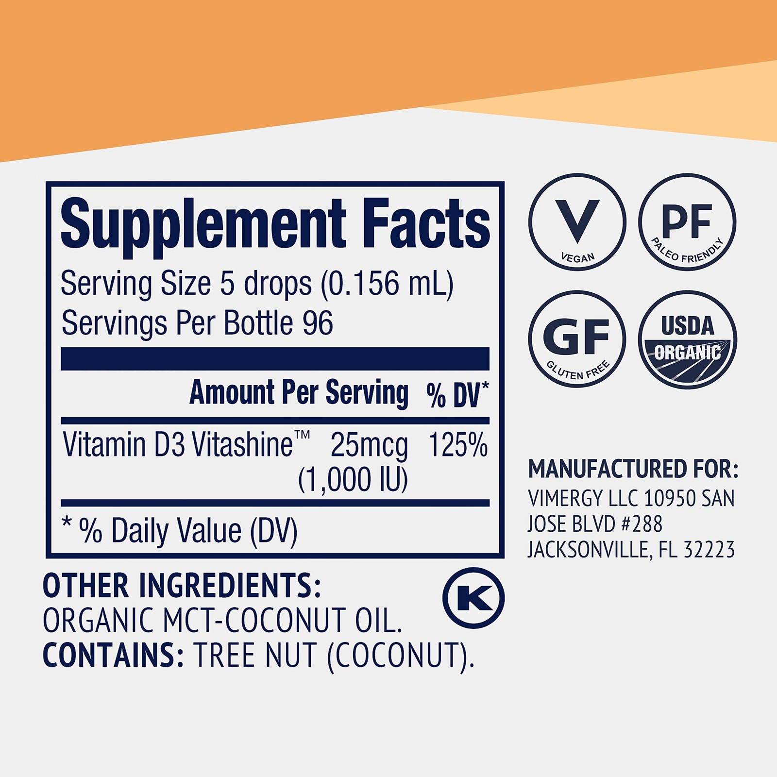Vimergy Vegan D3 Organic 15mL 96 Servings Immune Support Gluten-Free