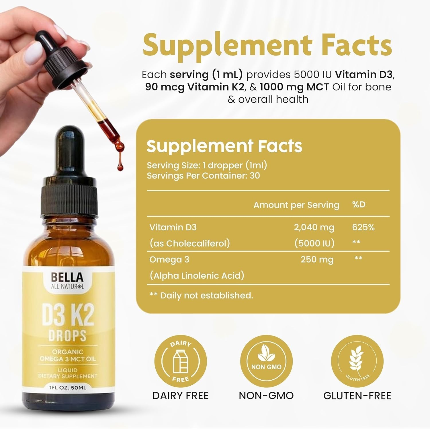 Bella Vitamin D3 K2 Liquid Drops 5000 IU Bone Immune Heart Health Supplement