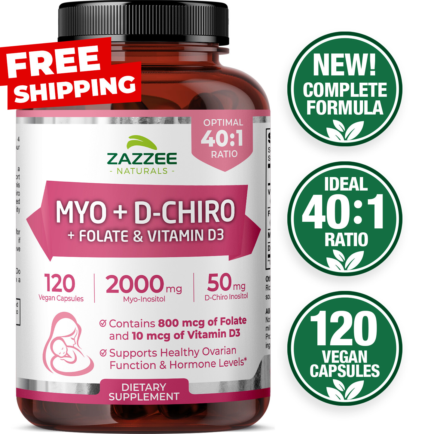 Zazzee Myo-Inositol + D-Chiro, with Folate (5-MTHF) + D3, 120 Vegan Capsules