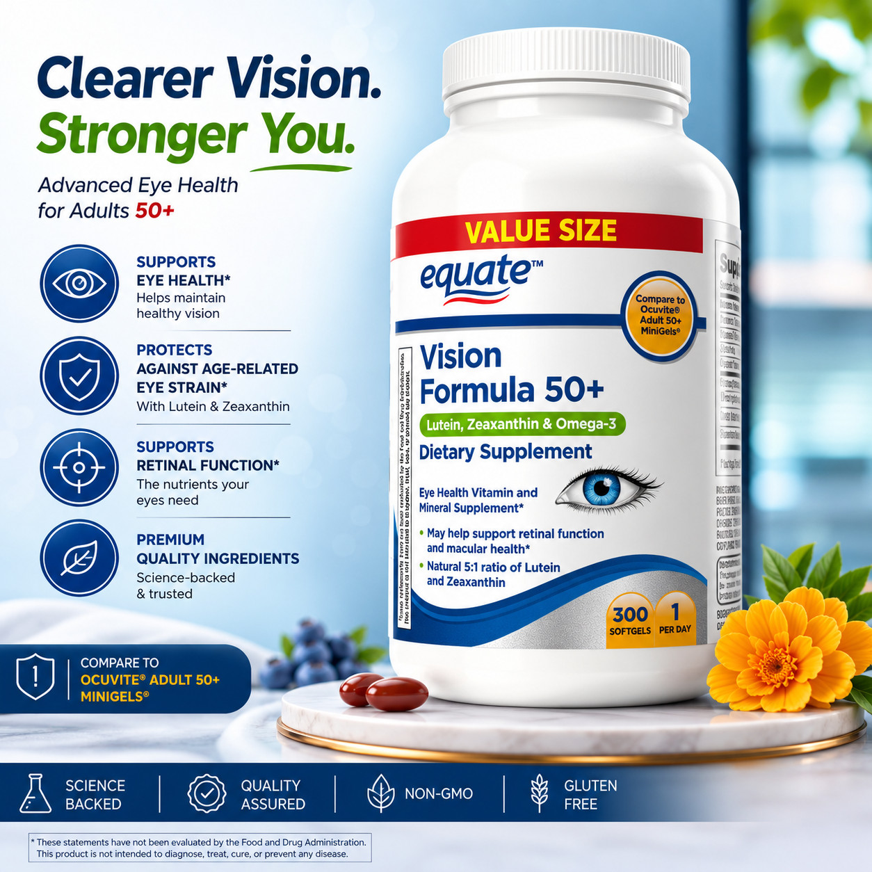 Equate Vision Formula 50+ SoftGels, Eye Health Dietary Supplement, 300 Count