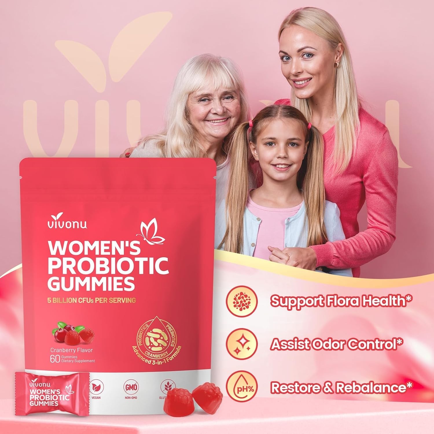 VivoNu Vaginal Probiotic Gummies Women pH Balance Yeast Flora Cranberry NEW US