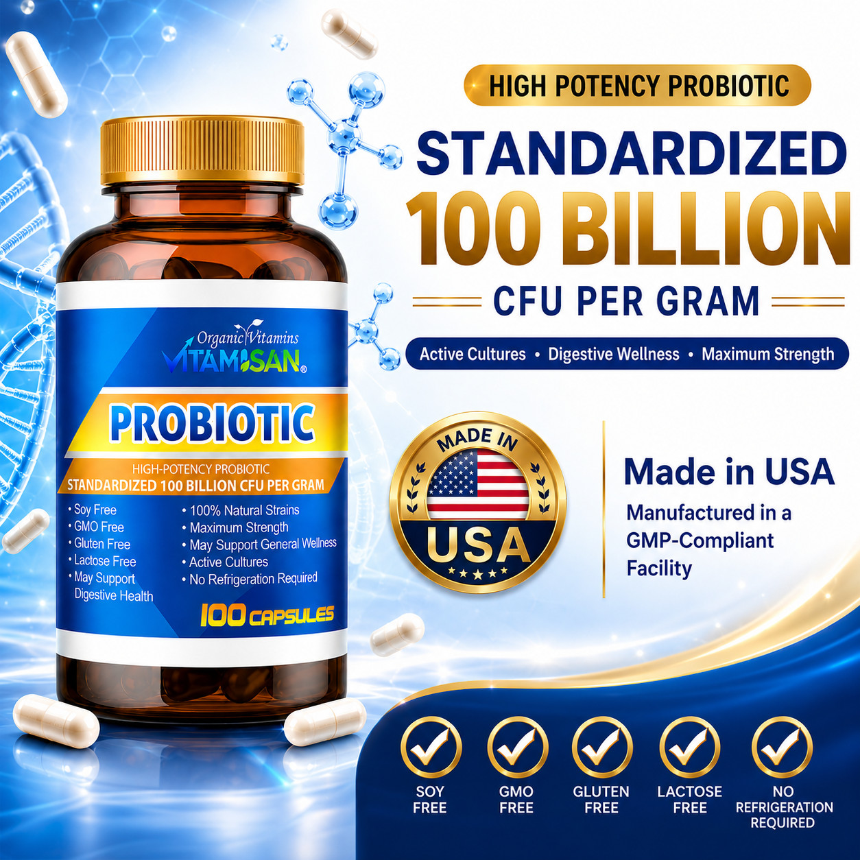 3 Bottles Probiotic 100 Billion CFU 100 Capsules Each Gut Health Wellness