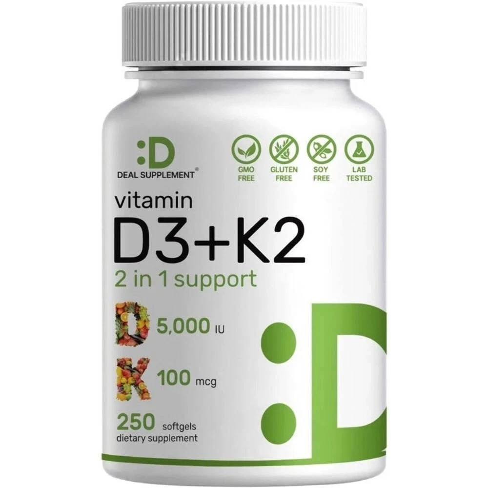 K2 SUPPLEMENT Vitamin D3 DEAL 5000IU Softgel, 2-1 Complex, 250 Count