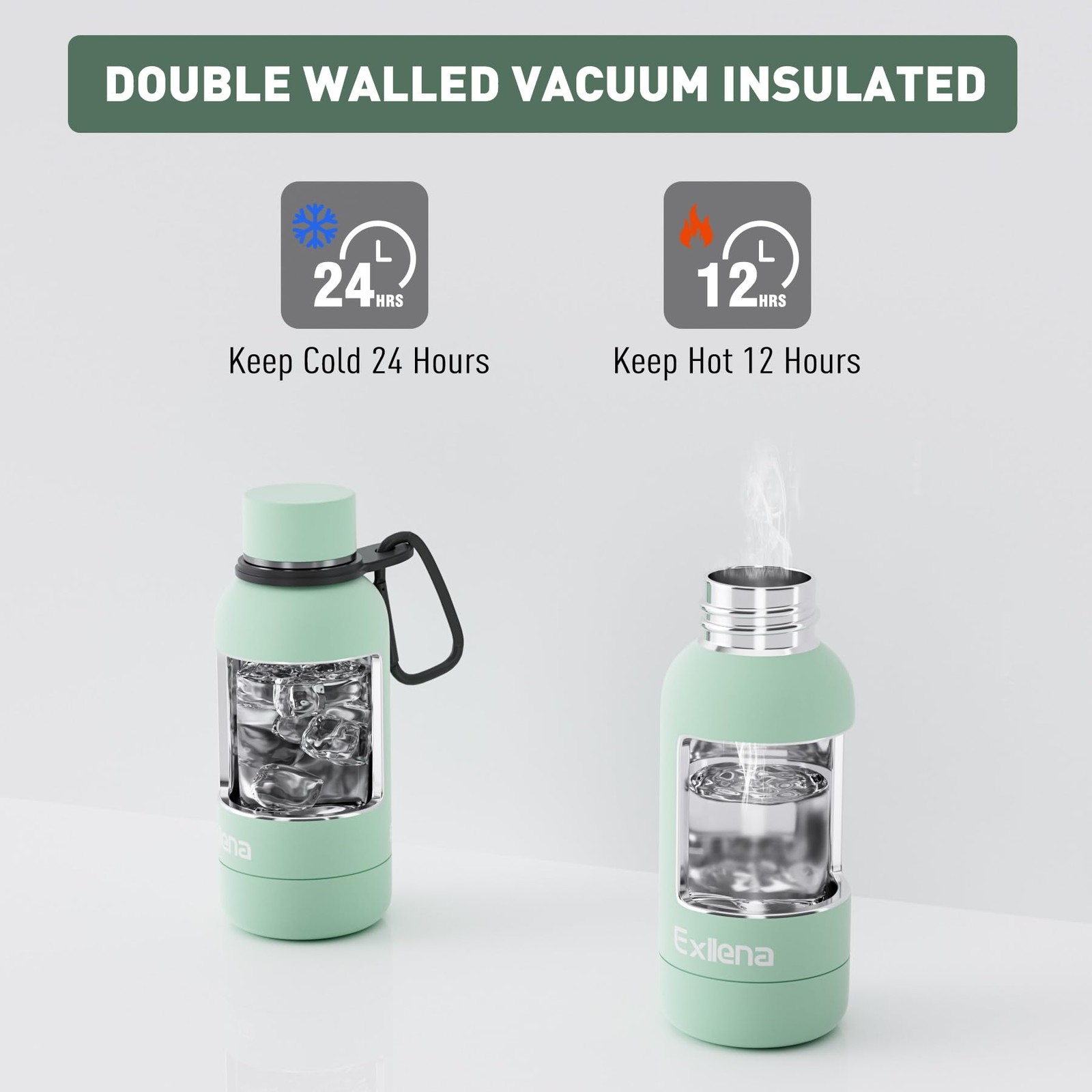 Exllena Small Water Bottle 12oz with Clip, Double Wall 11.8 Ounces, Mint