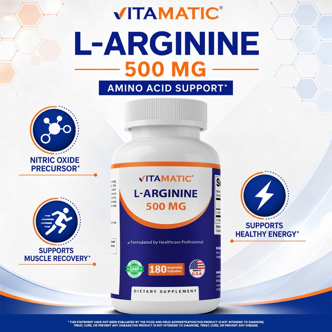 Vitamatic L-Arginine 500mg, 180 Vegetarian Capsules – Amino Acid Supplement