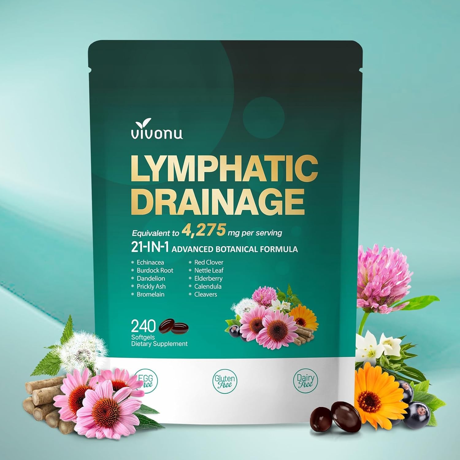 Lymphatic Drainage Supplements, 240 Softgels, Lymph System Support Supplement fo