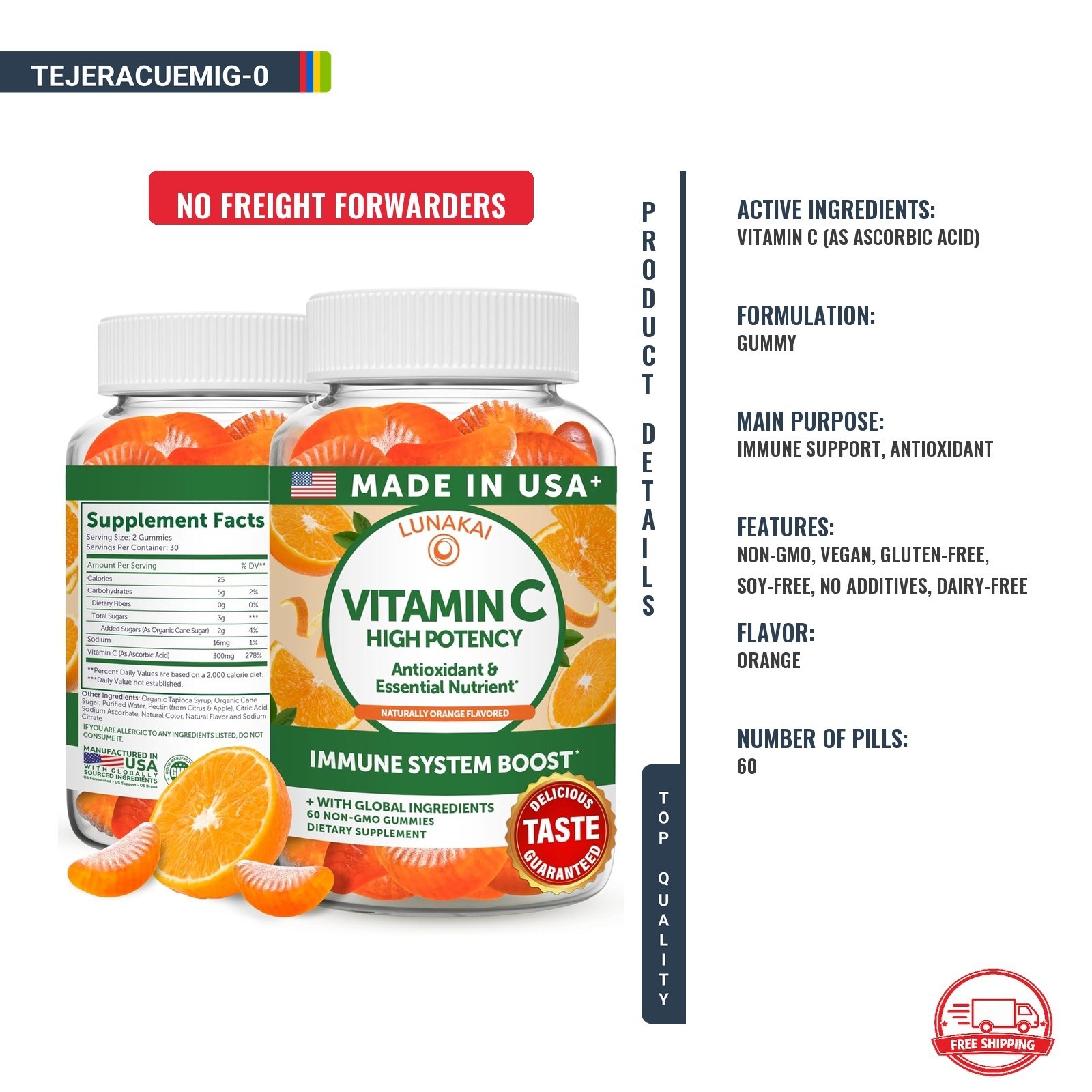 Vitamina C en Gomitas 300mg Apoyo Inmunológico para Adultos y Niños 60ct