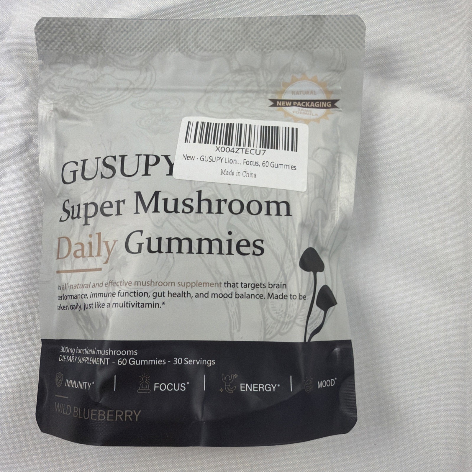 Gusupy Super Mushroom Daily Gummies 60 Count Wild Blueberry Exp 01 18 2028