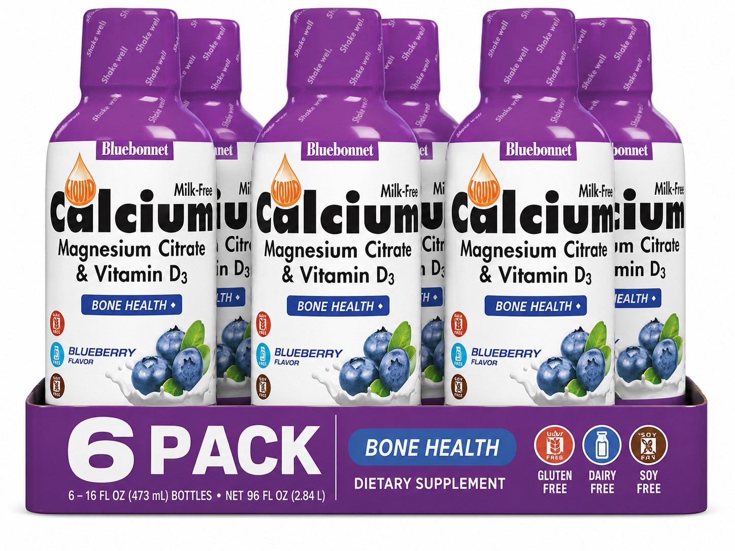 Bluebonnet Liquid Calcium Magnesium Citrate Vitamin D3 Blueberry 16oz Pack of 6