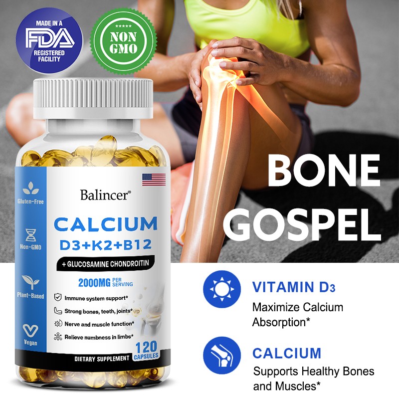 Strengthen Bone Teeth Joint Calcium Vitamin D3 K2 B12 120 Softgel Boost Immune