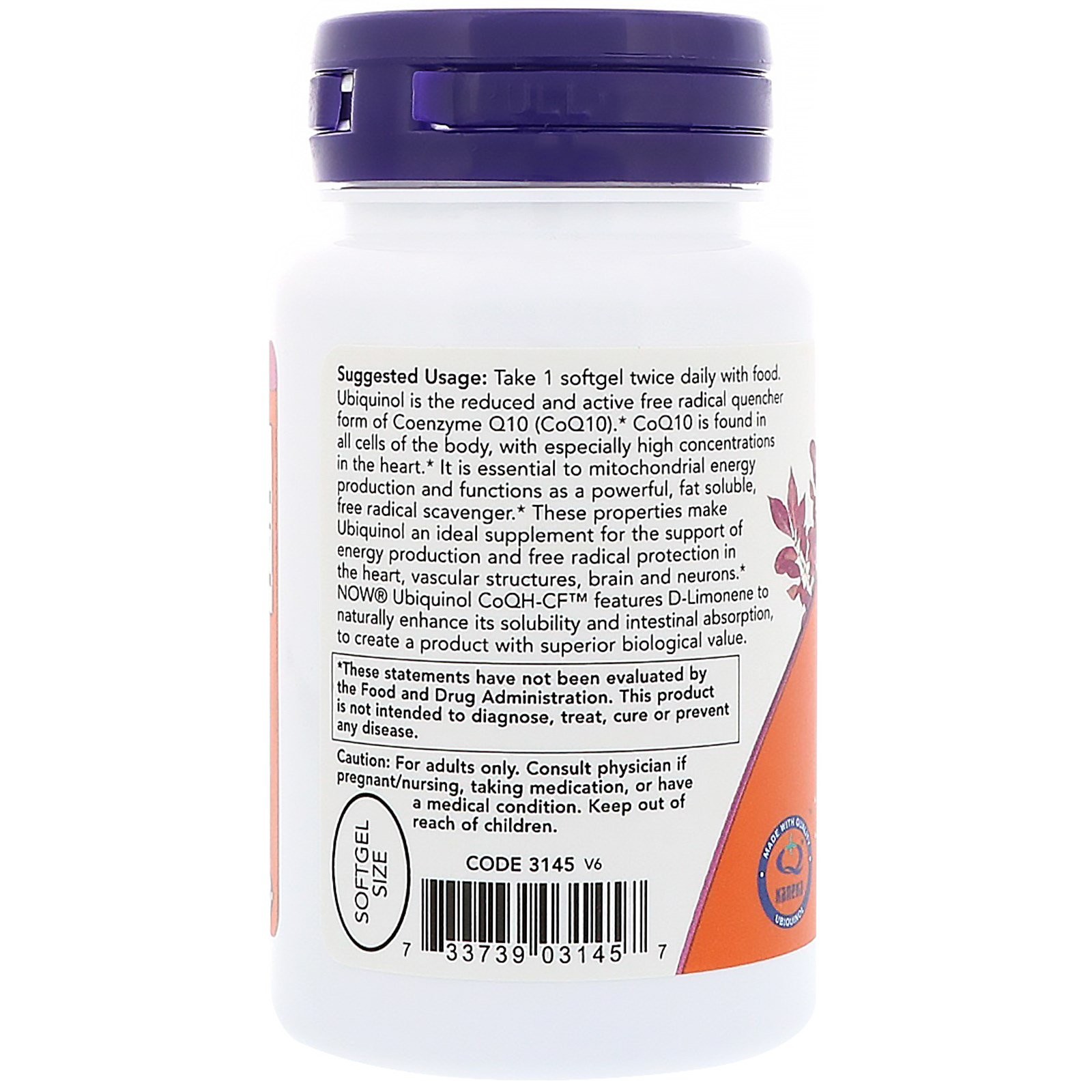 Now Foods Ubiquinol CoQH-CF 60 Softgels GMP Quality Assured